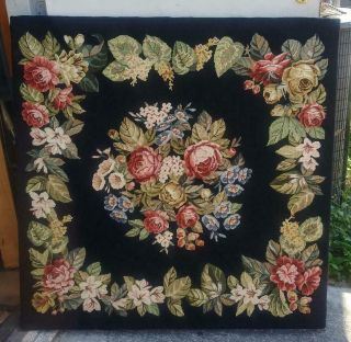 Vintage Old Large Black Flowers Floral Roses Needlepoint Tapestry Cloth Textile