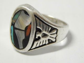 Vintage Navajo Indian Thunderbird Ring Sterling Silver Turquoise Coral Jet Shell