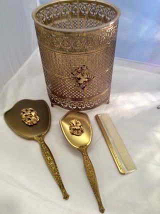 Vintage Matson Bird/dogwood Gold Gilt Ormolu Mirror,  Comb,  Brush,  Waste & Tissue