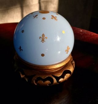 Vintage Baccarat Powder Blue Opaline Art Glass Paperweight Gold Fleur De Lis