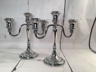 Pair Vintage Mid - Century Sheffield Silverplate 3 Light Candle Holders