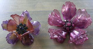 Vintage Purple Magenta Plastic Celluloid Flower Brooch Pin Rhinestone Set 2