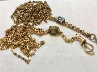 Antique Gold Filled Watch Chain Slides Opals Rubies Necklace Lorgnette 50 "