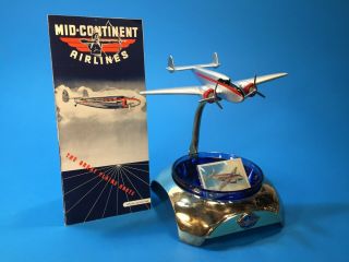 Vtg Mid - Continent Airlines Display With Metal Airplane Ashtray Desk Model
