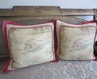 Pair Handmade French Red Toile 16 " Throw Pillows W/braided Trim