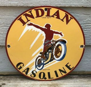 Vintage 1936 Spirit Indian Motorcycle Gasoline Porcelain Enamel Sign
