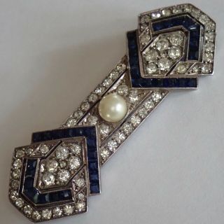 Antique Art Deco Sterling Silver Pearl Sapphire Crystal Paste Rhinestone Brooch