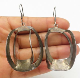 Mexico 925 Silver - Vintage Modernist Cage Design Dangle Earrings - E4982