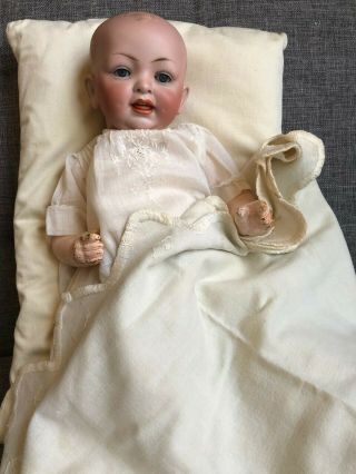 Antique German Hertel Schwab Bisque Character 15” Baby Doll W/pillow & Blanket