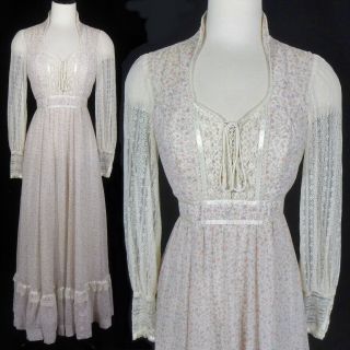 Vtg 70s Gunne Sax Gauzy Floral Corset Sheer Lace Victorian Prairie Dress S M