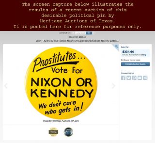 1960 Rare PROSTITUTES VOTE FOR NIXON OR KENNEDY Campaign Pin Button ESTATE FRESH 3