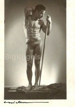 1930s Vintage Male Nude Handsome French Strongman Defined Bulging Trunks