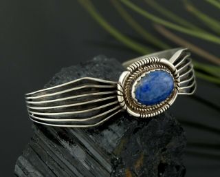 Vtg Sterling Silver Norbert Johnson Navajo Signed Lapis Channel Cuff Bracelet 7