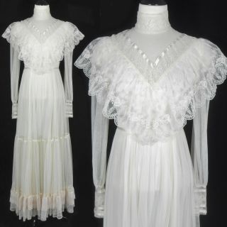Vtg 70s Gunne Sax Sheer Net Bib Lace Victorian Boho Prairie Wedding Maxi Dress S