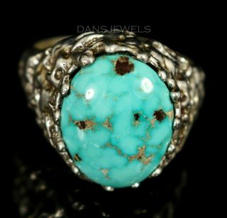 Old Pawn Vintage Navajo Cast Sterling Silver Royston Blue Turquoise Mens Ring
