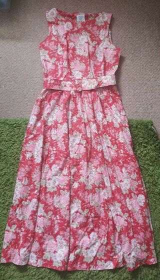 Laura Ashley Vintage Red Floral Cotton Midi Belted Dress Wedding Summer Size 12