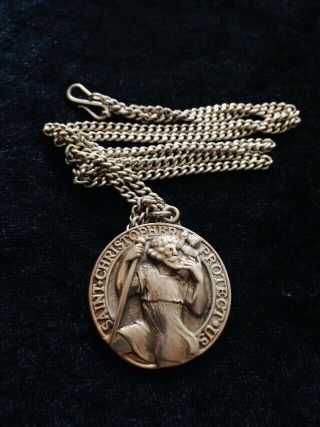 Vintage (1950’s) St Christopher And 24” Curb Chain.  Sterling Silver.  29 Grams.