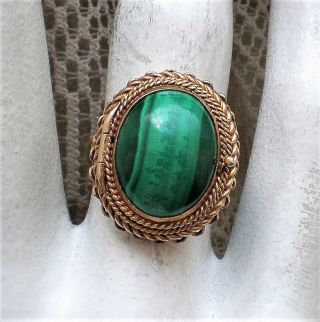 Vintage Designer Gold Gilded Sterling Silver Bezel Set Malachite Poison Ring