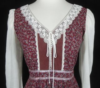 vtg 70S GUNNE SAX WINE CALICO FLORAL CORSET LACE BOHO PRAIRIE POCKETS DRESS M 6