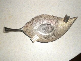Partagas Silverplate Three Footed Ashtray Shape Of A Tabaco Leaf W/2 Cigar Rest