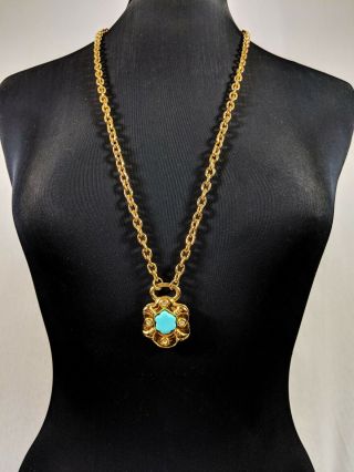 Vintage Flower Faux Turquoise Pendant Necklace Signed Ivana