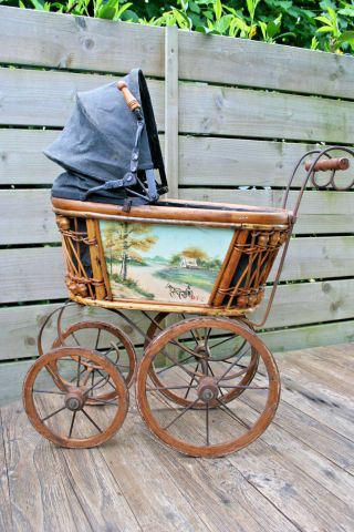 Antique Flemish Baby Doll Stroller Carriage Wood / Metal Hand Painted 1920
