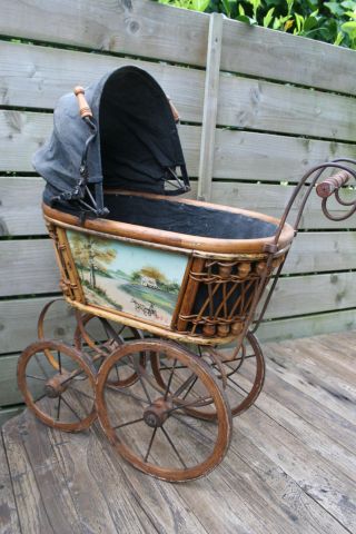 Antique Flemish Baby doll Stroller carriage wood / metal hand painted 1920 4