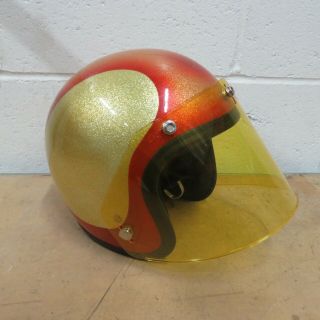 Nos Shoei Red Gold Glitter Med Vintage Motorcycle Helmet W Yellow Snap On Shield