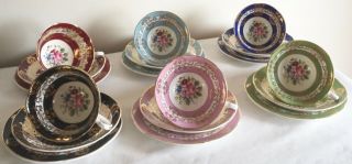 Vintage Royal Grafton Porcelain Tea Service Harlequin Roses 6 Cups,  Saucers,  Trios