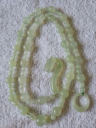 32 " Vntge Chinese Carved Jade Bead Necklace Dragon Clasp Light Green Restrung