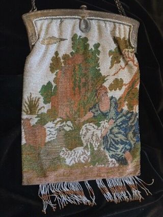 Antique Victorian Micro - Beaded Purse Handbag Featuring Man Woman Pastoral Scene