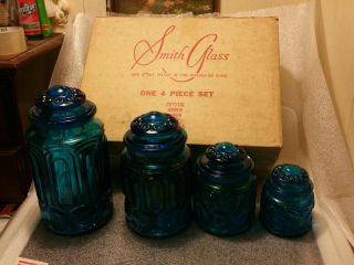 Vintage Blue Moon & Star,  L E Smith Glass Canister Set