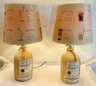 Pair: Vintage Bacardi 1950’s Bottle Jug Lamps W Shades Tiki Room Tropical Bar