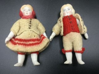 2 X Antique Hertwig / German Miniature Bisque Jointed Dolls House Dolls