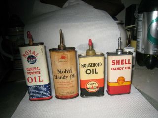 Four Vintage Mobil Oil Can Lead Metal Gas Tin Handy Oiler Shell Flying A Royal
