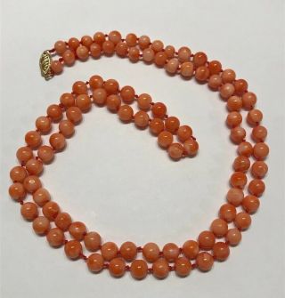 Vintage Pink Coral Beaded Necklace 14k Gold Clasp 1/4” Beads.  28”.  32.  5g