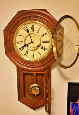 Vintage Waltham Regulator 31 Day Chime Wooden Wall Clock w/ Key 6