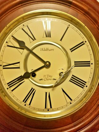 Vintage Waltham Regulator 31 Day Chime Wooden Wall Clock w/ Key 7