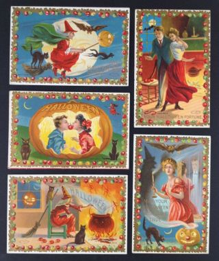 Vintage Halloween Postcards (5) Series 803 - Embossed Apple Borders,  Very Colorful