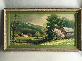 Vintage Robert Wood Countryside Scenery Print On Board Framed 27” X 15”