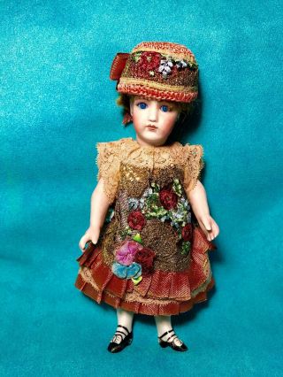 Vtg Two Ps Satin&golden Metal French Lace Doll Dress For Mignonette Dolls 7.  5 "