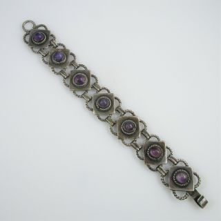 Southwest Mexico Amethyst Panel Bracelet Vintage Sterling Silver 46.  7g | 7.  75 "