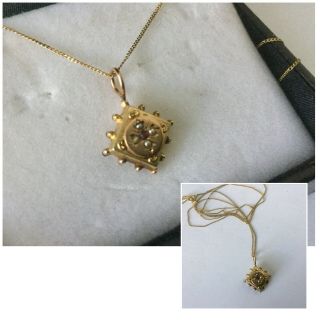 Antique Vintage Jewellery 9ct Gold Seed Pearl & Ruby Pendant On Fine Gold Chain