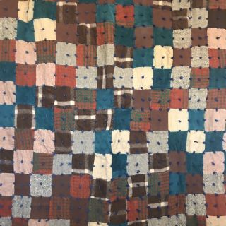 Vintage Wool Block Squares Quilt Blanket Hand Tied