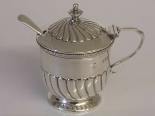 A Fine Antique Victorian Solid Silver Blue Glass Liner Mustard Pot & Spoon 1894