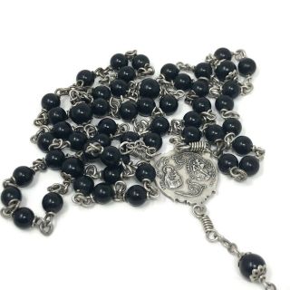 Sterling Silver Black Beaded Vintage Rosary Cross Notre Dame Saint Christopher