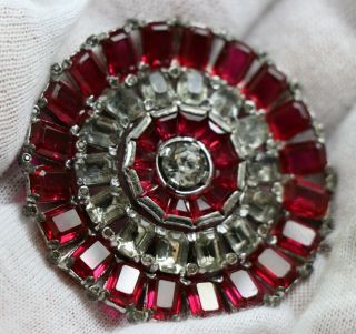 Vintage Old Crown Trafari Brooch With Red And Clear Rhinestones