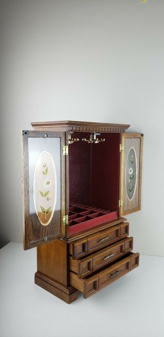 Vintage Wood Jewelry Box Armoire Chest Stained Glass Doors Extra Large