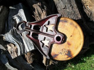Antique Vintage Cast Iron/ Wood Pulley Primitive Farm Tool Ornate Rustic Decor