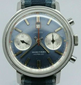 Vintage Jamin Mens 37mm Steel Chronograph Watch Date@12 Landeron 189 Blue Swiss